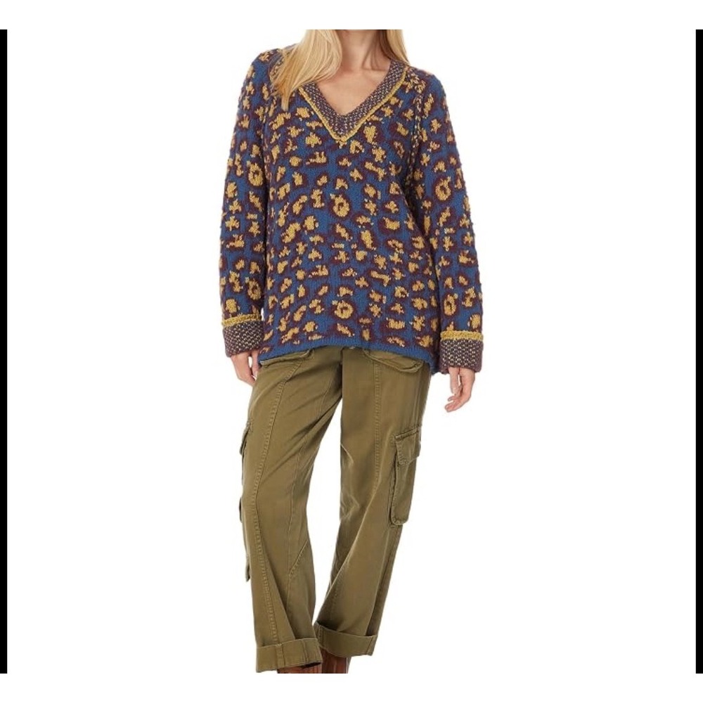 Free People Leopard Print V-Neck Sweater Blue Yellow Retro Boho Size Small